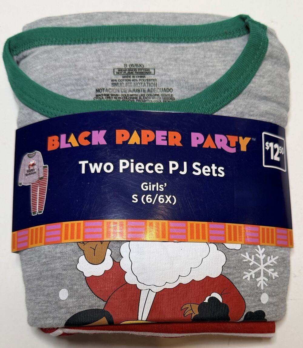 Black Paper Party Christmas Pajamas Black Santa Girls Small 6/6X New